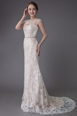 Lace Wedding Dress Champagne Jewel Sleeveless Sexy Backless Mermaid Beach Wedding Gown With Train Exclusive-Dbrbridal