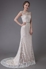 Lace Wedding Dress Champagne Jewel Sleeveless Sexy Backless Mermaid Beach Wedding Gown With Train Exclusive-Dbrbridal