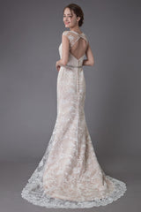 Lace Wedding Dress Champagne Jewel Sleeveless Sexy Backless Mermaid Beach Wedding Gown With Train Exclusive-Dbrbridal
