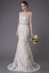 Lace Wedding Dress Champagne Jewel Sleeveless Sexy Backless Mermaid Beach Wedding Gown With Train Exclusive-Dbrbridal