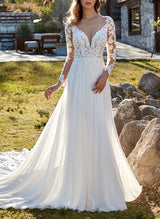 Lace Wedding Dress Chic A-line V-Neck Court Train-Dbrbridal