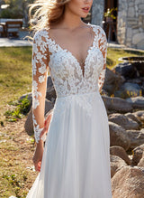 Lace Wedding Dress Chic A-line V-Neck Court Train-Dbrbridal