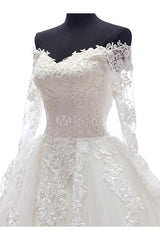 Lace Wedding Dress Princess Bridal Dress White Off The Shoulder Applique Illusion Heart Back Design Luxury Bridal Gown With Cathedral Train-Dbrbridal