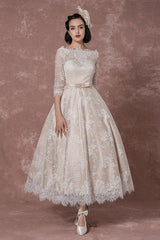 Lace Wedding Dress Retro Bateau Champagne Half Sleeves Bridal Gown A-line Sexy Backless Tea Length Sash Reception Bridal Dress Exclusive-Dbrbridal