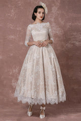 Lace Wedding Dress Retro Bateau Champagne Half Sleeves Bridal Gown A-line Sexy Backless Tea Length Sash Reception Bridal Dress Exclusive-Dbrbridal