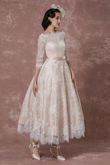 Lace Wedding Dress Retro Bateau Champagne Half Sleeves Bridal Gown A-line Sexy Backless Tea Length Sash Reception Bridal Dress Exclusive-Dbrbridal