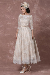 Lace Wedding Dress Retro Bateau Champagne Half Sleeves Bridal Gown A-line Sexy Backless Tea Length Sash Reception Bridal Dress Exclusive-Dbrbridal