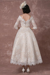 Lace Wedding Dress Retro Bateau Champagne Half Sleeves Bridal Gown A-line Sexy Backless Tea Length Sash Reception Bridal Dress Exclusive-Dbrbridal