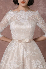Lace Wedding Dress Retro Bateau Champagne Half Sleeves Bridal Gown A-line Sexy Backless Tea Length Sash Reception Bridal Dress Exclusive-Dbrbridal