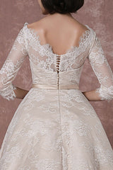 Lace Wedding Dress Retro Bateau Champagne Half Sleeves Bridal Gown A-line Sexy Backless Tea Length Sash Reception Bridal Dress Exclusive-Dbrbridal