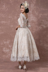 Lace Wedding Dress Retro Bateau Champagne Half Sleeves Bridal Gown A-line Sexy Backless Tea Length Sash Reception Bridal Dress Exclusive-Dbrbridal