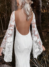 Lace Wedding Dress V-Neck Long Sleeves Court Train for Summer Beach Boho Garden Theme-Dbrbridal