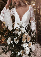 Lace Wedding Dress V-Neck Long Sleeves Court Train for Summer Beach Boho Garden Theme-Dbrbridal