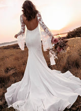 Lace Wedding Dress V-Neck Long Sleeves Court Train for Summer Beach Boho Garden Theme-Dbrbridal