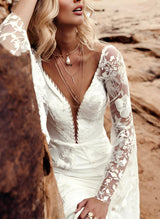 Lace Wedding Dress V-Neck Long Sleeves Court Train for Summer Beach Boho Garden Theme-Dbrbridal