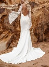 Lace Wedding Dress V-Neck Long Sleeves Court Train for Summer Beach Boho Garden Theme-Dbrbridal