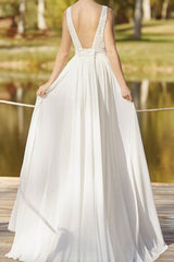 Lace Wedding Dress With Train A-Line Sleeveless Chiffon Illusion Neckline Long Bridal Gowns-Dbrbridal