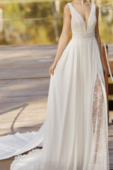 Lace Wedding Dress With Train A-Line Sleeveless Chiffon Illusion Neckline Long Bridal Gowns-Dbrbridal