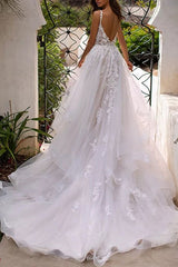 Lace Wedding Dresses A-line Chic V-Neck Sleeveless Appliqued Bridal Gowns With Train-Dbrbridal