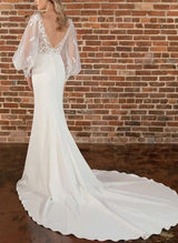 Lace Wedding Dresses Appliques Lace Mermaid Fitted V-Neck Long Sleeves-Dbrbridal