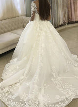 Lace Wedding Dresses Ball-Gown Style V-neck Long Sleeves Court Train Appliques-Dbrbridal
