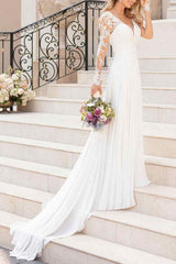 Lace Wedding Dresses Chiffon Chic V-Neck A-line Long Sleeve Lace Applique Beach Wedding Bridal Dress With Train Free Customization-Dbrbridal
