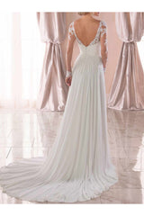 Lace Wedding Dresses Chiffon Chic V-Neck A-line Long Sleeve Lace Applique Beach Wedding Bridal Dress With Train Free Customization-Dbrbridal