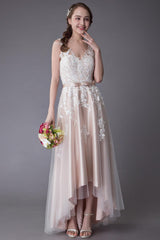 Lace Wedding Dresses High Low Bow Sash Tulle Applique Summer Beach Colored Bridal Gowns Exclusive-Dbrbridal