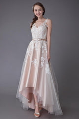 Lace Wedding Dresses High Low Bow Sash Tulle Applique Summer Beach Colored Bridal Gowns Exclusive-Dbrbridal
