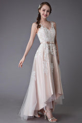 Lace Wedding Dresses High Low Bow Sash Tulle Applique Summer Beach Colored Bridal Gowns Exclusive-Dbrbridal