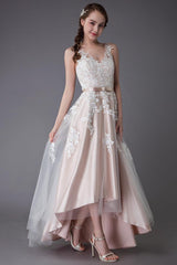 Lace Wedding Dresses High Low Bow Sash Tulle Applique Summer Beach Colored Bridal Gowns Exclusive-Dbrbridal