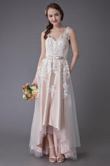 Lace Wedding Dresses High Low Bow Sash Tulle Applique Summer Beach Colored Bridal Gowns Exclusive-Dbrbridal