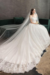 Lace Wedding Dresses Ivory Lace Applique Off The Shoulder Short Sleeve Princess Bridal Gown With Train-Dbrbridal