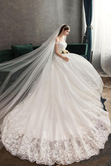 Lace Wedding Dresses Ivory Lace Applique Off The Shoulder Short Sleeve Princess Bridal Gown With Train-Dbrbridal