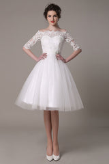 Lace Wedding Dresses Short Off The Shoulder A-line Knee Length Waist Rhinestone Bridal Dress Exclusive-Dbrbridal