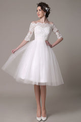 Lace Wedding Dresses Short Off The Shoulder A-line Knee Length Waist Rhinestone Bridal Dress Exclusive-Dbrbridal
