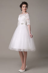 Lace Wedding Dresses Short Off The Shoulder A-line Knee Length Waist Rhinestone Bridal Dress Exclusive-Dbrbridal