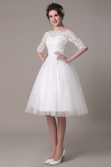 Lace Wedding Dresses Short Off The Shoulder A-line Knee Length Waist Rhinestone Bridal Dress Exclusive-Dbrbridal