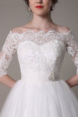 Lace Wedding Dresses Short Off The Shoulder A-line Knee Length Waist Rhinestone Bridal Dress Exclusive-Dbrbridal