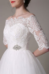 Lace Wedding Dresses Short Off The Shoulder A-line Knee Length Waist Rhinestone Bridal Dress Exclusive-Dbrbridal