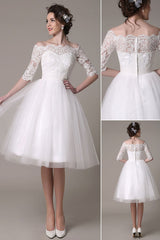 Lace Wedding Dresses Short Off The Shoulder A-line Knee Length Waist Rhinestone Bridal Dress Exclusive-Dbrbridal