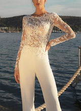 Lace Wedding Jumpsuit Illusion Neck Long Sleeves Sweep Train-Dbrbridal