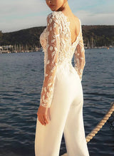 Lace Wedding Jumpsuit Illusion Neck Long Sleeves Sweep Train-Dbrbridal