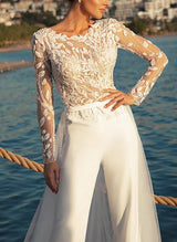Lace Wedding Jumpsuit Illusion Neck Long Sleeves Sweep Train-Dbrbridal