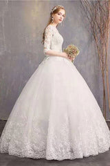 Latest Cheap Wedding Dresses Eric White Jewel Neck Half-Sleeve Soft Tulle Lace Up Long Bride Dresses-Dbrbridal