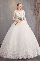 Latest Cheap Wedding Dresses Eric White Jewel Neck Half-Sleeve Soft Tulle Lace Up Long Bride Dresses-Dbrbridal