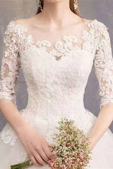 Latest Cheap Wedding Dresses Eric White Jewel Neck Half-Sleeve Soft Tulle Lace Up Long Bride Dresses-Dbrbridal