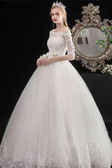 Latest Cheap Wedding Dresses Eric White Off The Shoulder Half Sleeves Ball Gown Soft Tulle Lace Up Long Bride Dresses-Dbrbridal