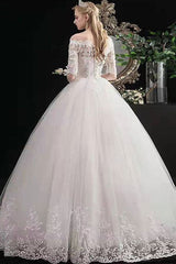Latest Cheap Wedding Dresses Eric White Off The Shoulder Half Sleeves Ball Gown Soft Tulle Lace Up Long Bride Dresses-Dbrbridal