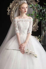 Latest Cheap Wedding Dresses Eric White Off The Shoulder Half Sleeves Ball Gown Soft Tulle Lace Up Long Bride Dresses-Dbrbridal
